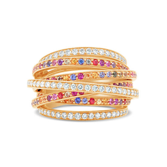 Anillo bauer oro rosa 18k, diamantes y zafiros de colores