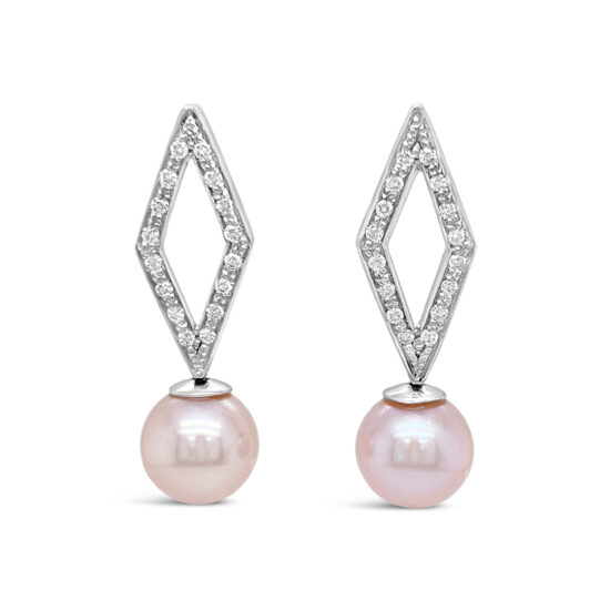 Aretes largos Bauer oro blanco 18K, perla rosada y diamantes