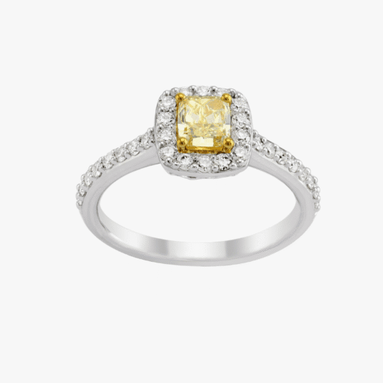 Anillo Bauer oro blanco 18K, diamantes amarillo y blanco