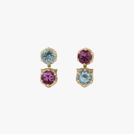 Aretes asimetricos gucci le marché des merveilles oro amarillo 18k, turmalina y aguamarina