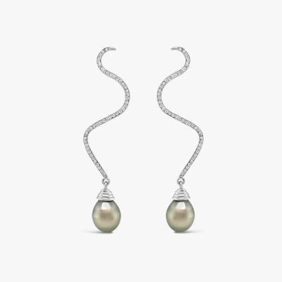 Aretes largos Bauer oro blanco 18K, perlas y diamantes 1