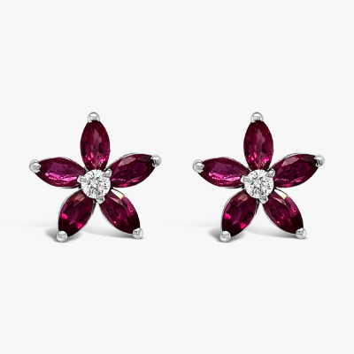 Aretes topos flor Bauer oro blanco 18K, rubíes y diamantes 1